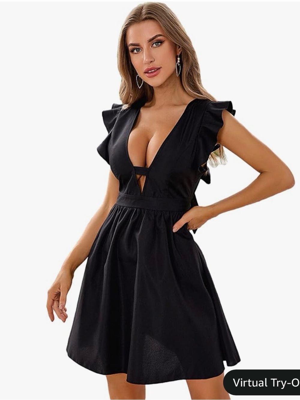 Amazon Women's Black Deep V Ruffle Sleeve Mini Dress